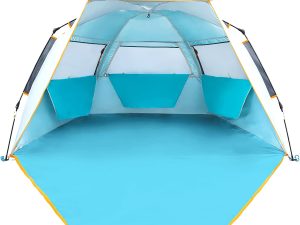 3-4 Person Easy Up Beach Tent UPF 50+ Portable Instant Sun Shelter Canopy Umbrella with Extended Zippered Porch, Blue