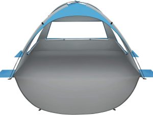 Beach Tent 2-3 Person Portable Sun Shade Shelter UV Protection, Extended Floor Ventilating Mesh Roll Up Windows Carrying Bag Stakes 6 Sand Pockets Fishing Hiking Camping,Blue