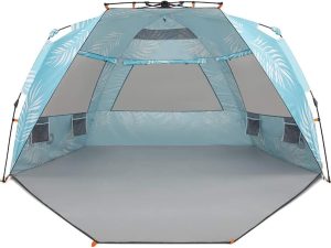 Enhanced (Prints) Deluxe XL Beach Tent 4-6 Person Popup Sun Shelter 99" Wide for Family UPF 50+ Double Silver Coated with Extended Zippered Porch Palm Tree Leaves
